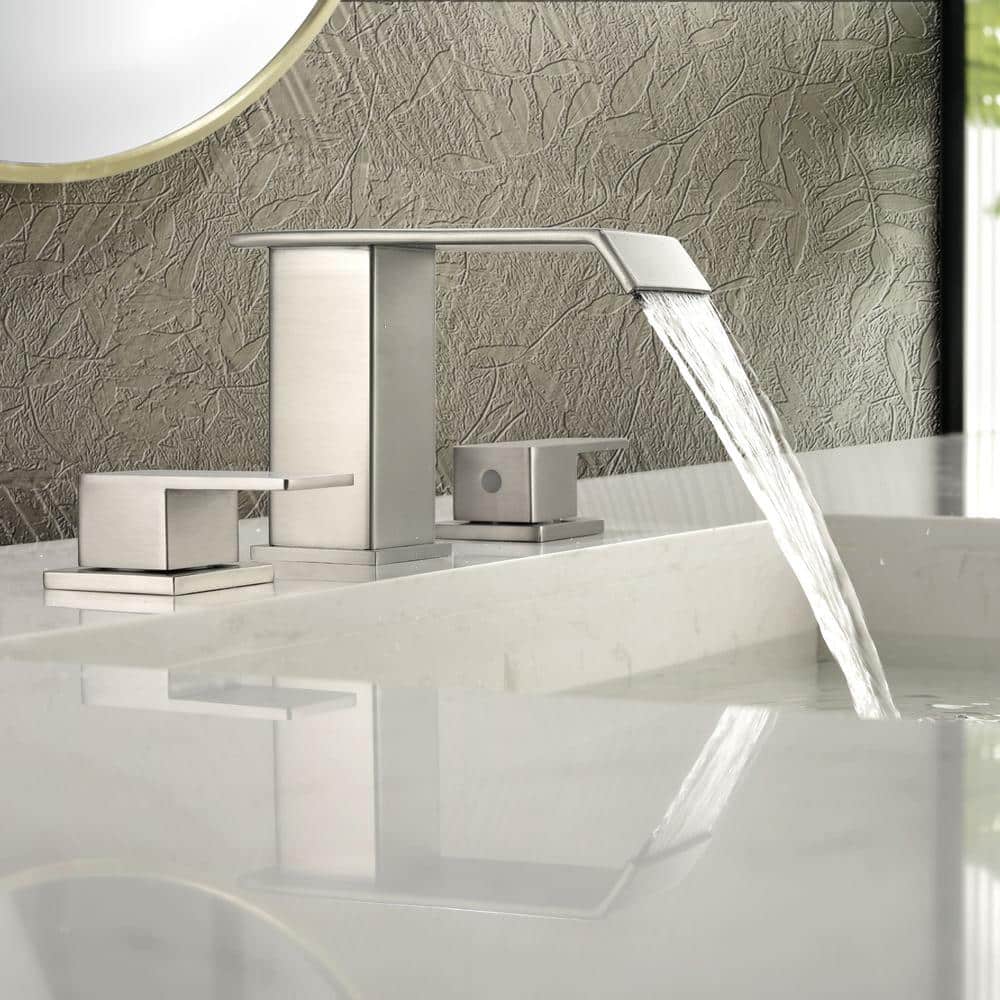 Brushed Nickel 8-Inch Widespread Waterfall Bathroom Faucet