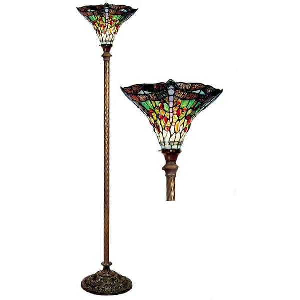 Warehouse of Tiffany 72 in. Antique Bronze Dragonfly Stained Glass Floor Lamp with Foot Switch