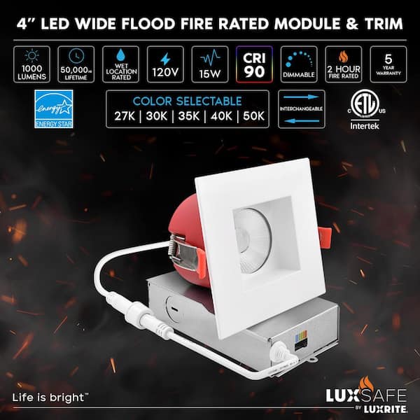 12-Pack 4 in.Square Integrated LED Recessed Light J-Box 5CCT 2Hour Fire Rated 15W 1000LM 60° Dimmable IC Rated Wet Rated