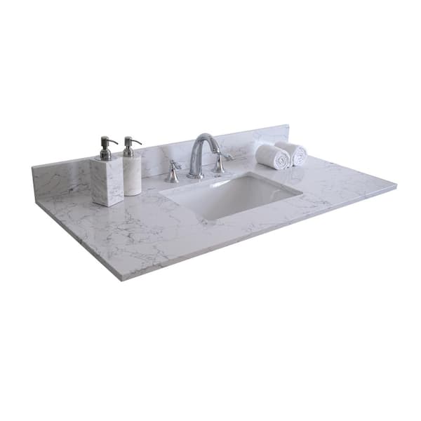Dimakai 37 in. W x 22 in. D Marble Bathroom Vanity Top in Lightning White with Sink and 3 Faucet Hole with Backsplash