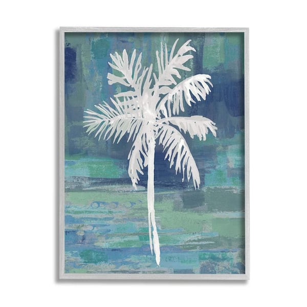 The Stupell Home Decor Collection White Palm Tree Leaves Abstract Green Background by Kristen Dew Framed Nature Art Print 14 in. x 11 in.