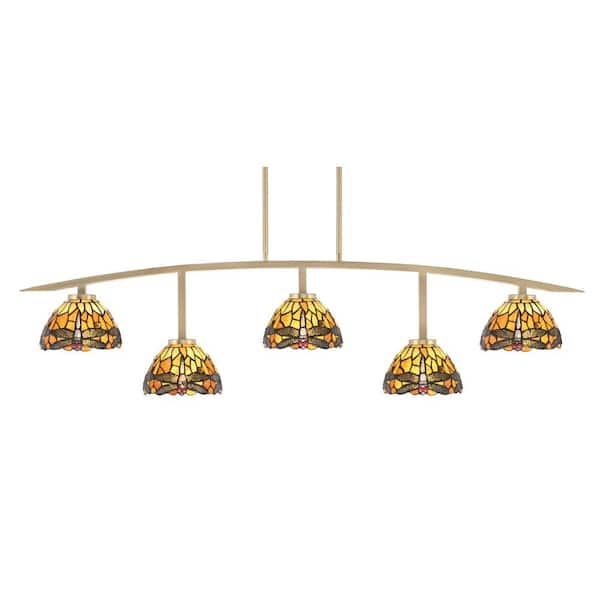 Unbranded Siena 51.25 in. 5-Light New Age Brass Chandelier with 7 in. Amber Dragonfly Art Glass Shades, no bulbs included