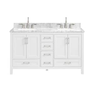 GlamourAura 60 in. W x 22 in. D x 35 in. H Double Sink Bath Vanity in White with White Carrara Marble Top