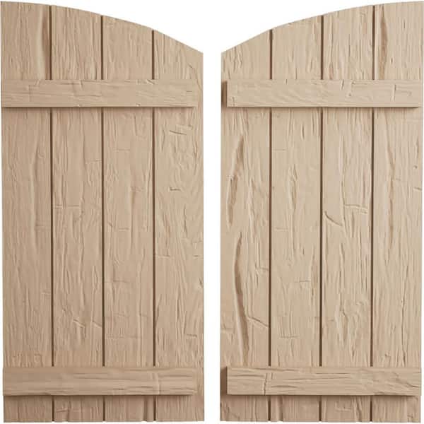 Ekena Millwork 22 in. x 38 in. Polyurethane Hand Hewn 4-Board Joined Board-n-Batten Elliptical Top Shutters, Primed Tan