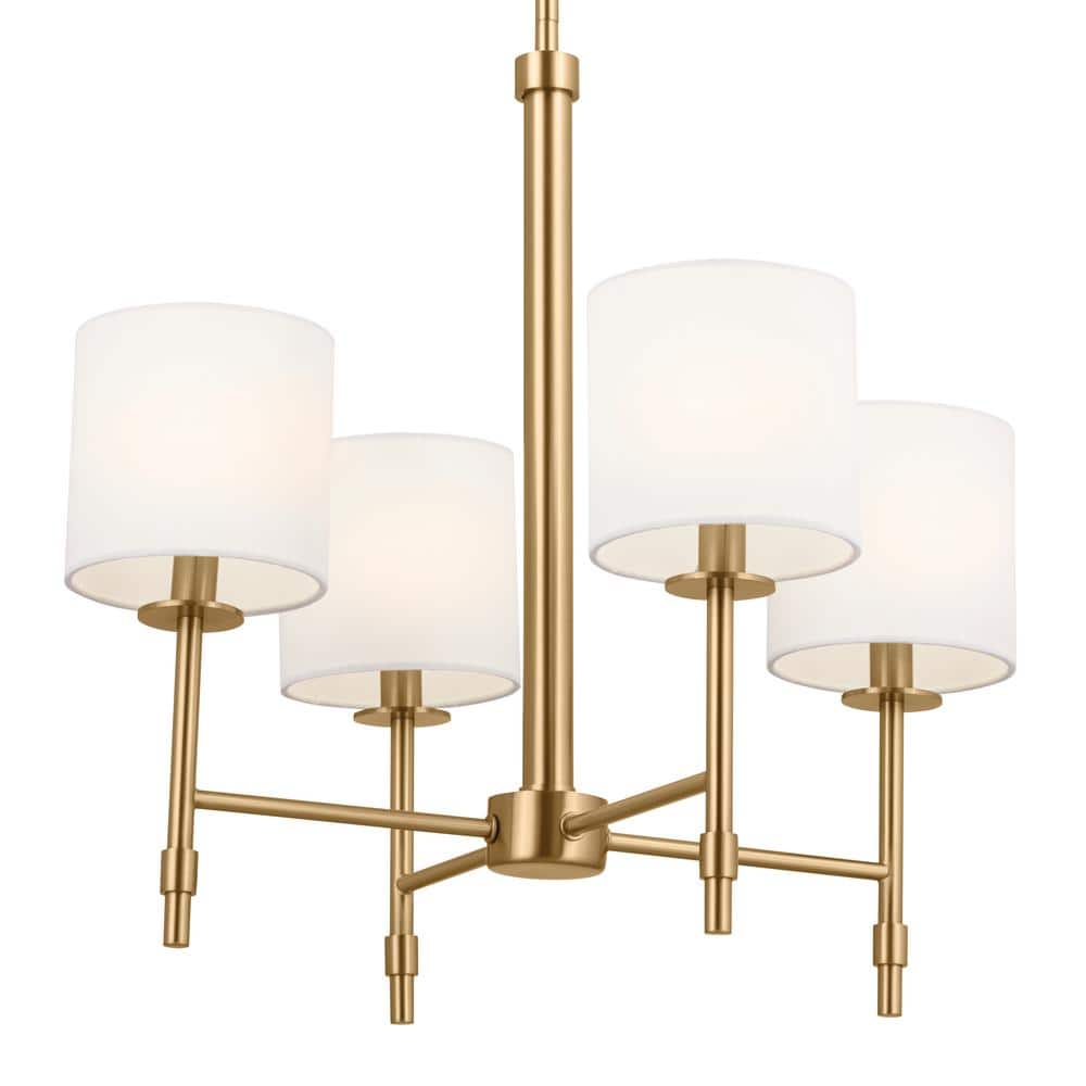 Brushed Brass Mini 4-Light Chandelier with Fabric Drum Shades