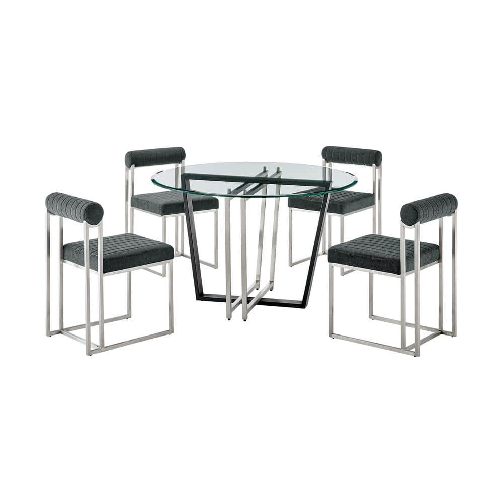 Devi and Anastasia 5-Piece Charcoal and Glass Top Dining Set Seats 4