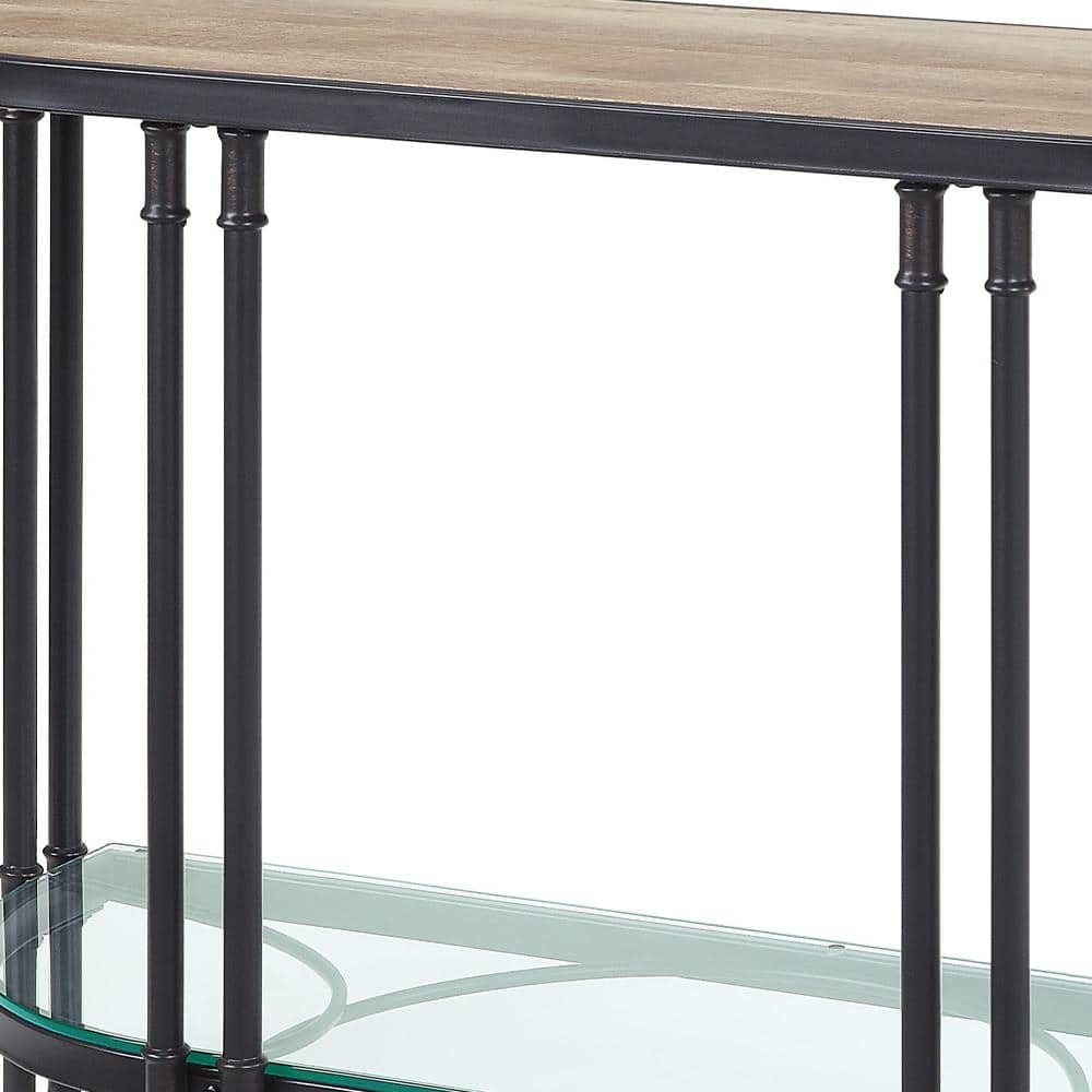 Oak Wood Grain & Sandy Black Metal Demilune Console Table with Glass Shelf
