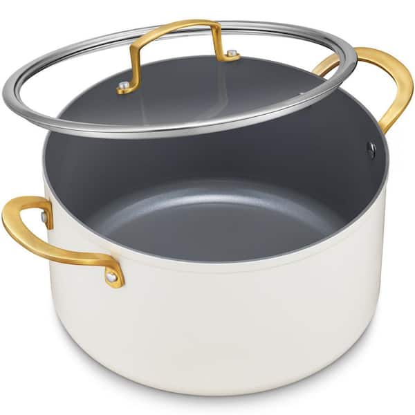 10 qt. Stock Pot with Ceramic Coating, Non-Stick Soup Pot with Tempered Glass Lid, Stainless Steel Handle, Cream