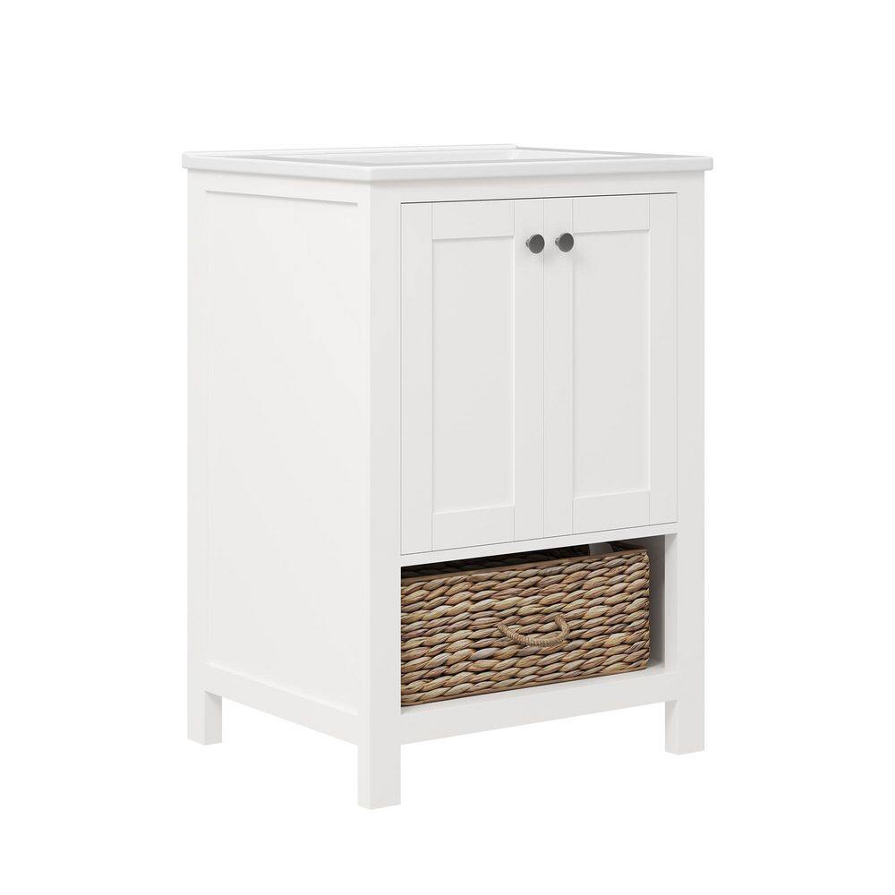 24" White Freestanding Bathroom Vanity with Ceramic Top and Woven Basket