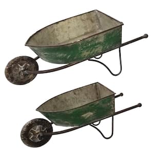 Pack of 2 Indoor/Outdoor Rustic Wheelbarrow Planter Decorations, Green