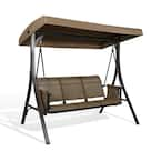 ULAX FURNITURE Brown 3-Person Metal Porch Swing with Convertible Canopy ...