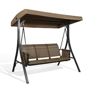Brown 3-Person Metal Porch Swing with Convertible Canopy