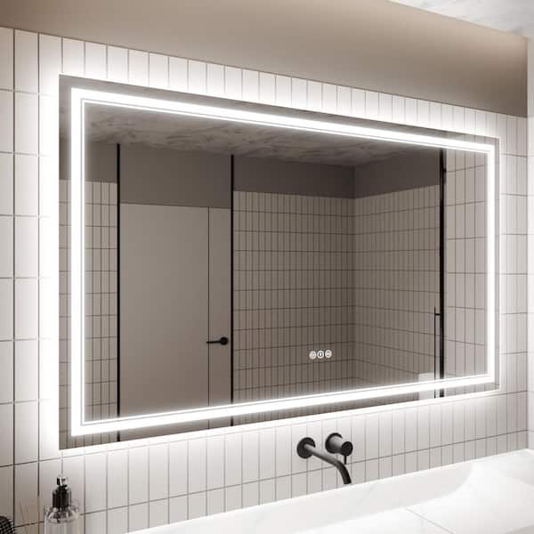EAKYHOM 60 in. W x 36 in. H Rectangular Frameless Anti-Fog Wall Dimmable Backlit Dual LED Bathroom Vanity Mirror in Silver