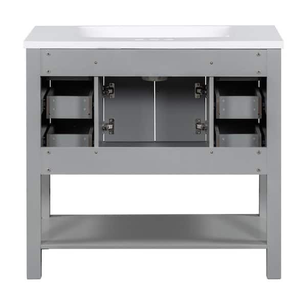 grossag 36 in. W Single Sink Freestanding Gray Bath Vanity with White Resin Top and 6-Drawers