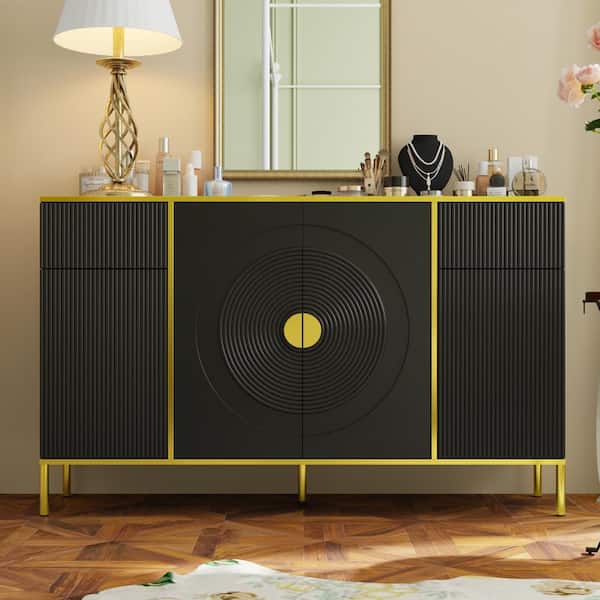 FUFU&GAGA 2-Drawers Double Dresser Black Ripple Finish Wood with Pop-up Doors, Adjustable Shelves 56.3 in. W x 15.7 in. D