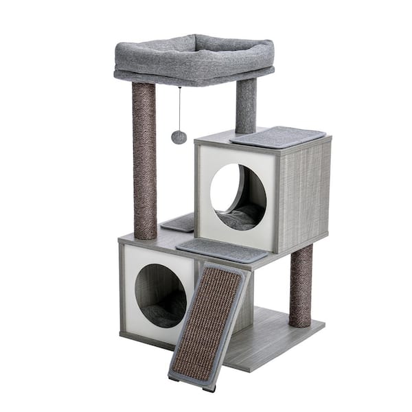WELLFOR 35 in. H Cat Tree Cat Tower with Condo, Perch, and Replaceable Dangling Ball in Gray
