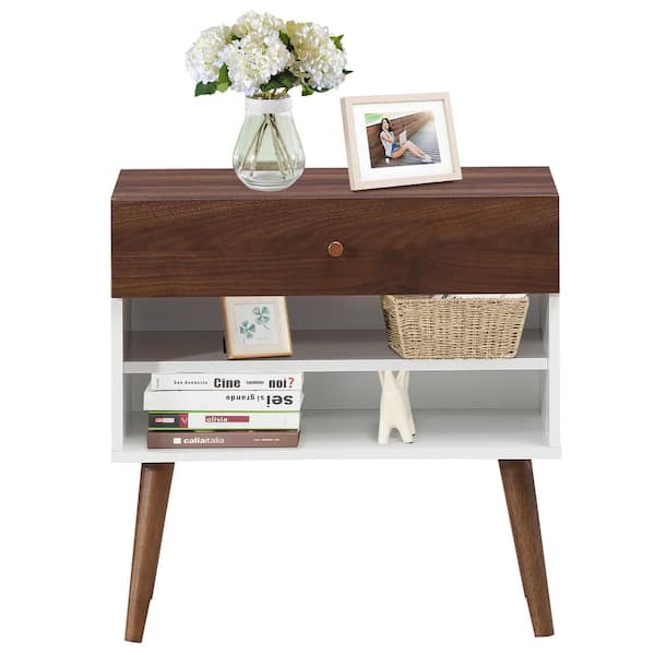 Costway 1-Drawer Walnut Nightstands 23.5 in. x 23.5 in. x 15 in. (Set of 2)  2*HW66161 - The Home Depot