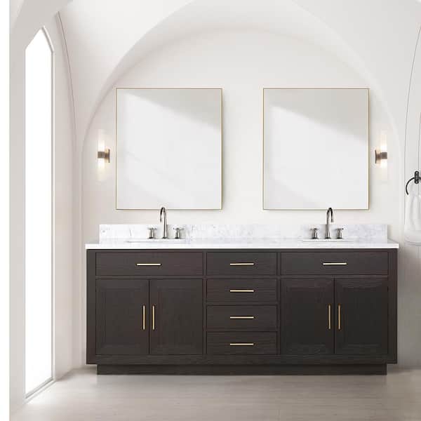Lexora Condor 80 in W x 22 in D Brown Oak Double Bath Vanity, Carrara Marble Top, and Faucet Set