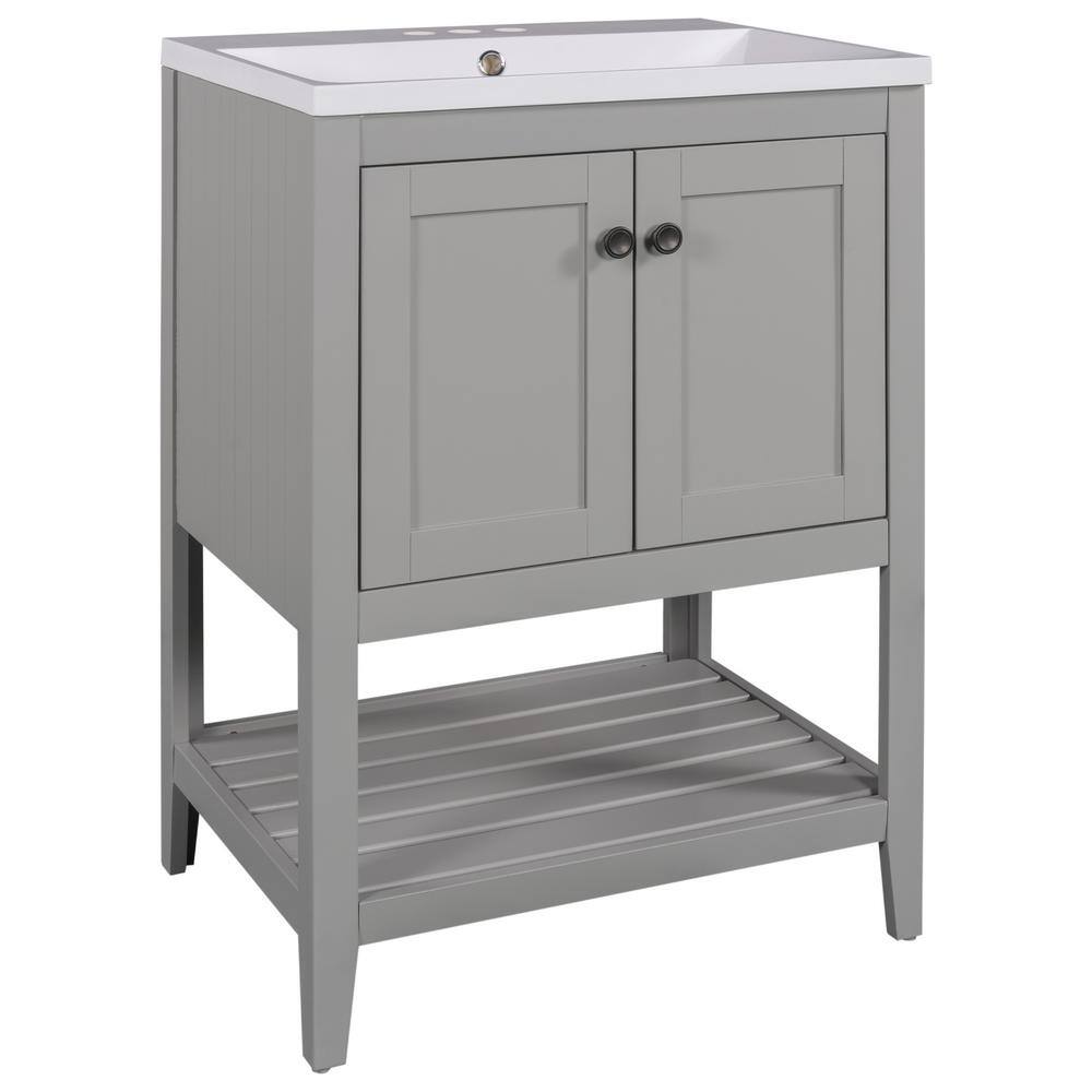 FAMYYT 24 in. W x 17.8 in. D x 33.6 in. H Single Sink Solid Wood Frame Freestanding Bath Vanity in Gray with White Ceramic Top -  XJ-1AGA-L