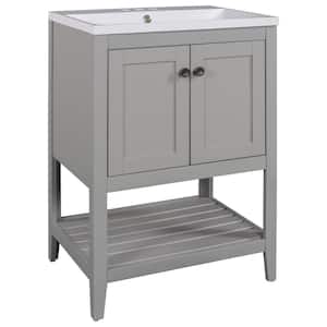 24 in. W x 17.8 in. D x 33.6 in. H Single Sink Solid Wood Frame Freestanding Bath Vanity in Gray with White Ceramic Top