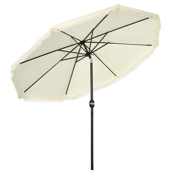 Sudzendf 9 ft. Steel Ruffled Market Patio Umbrella in Cream White with Push Button Tilt, Crank, Tassles and 8-Ribs