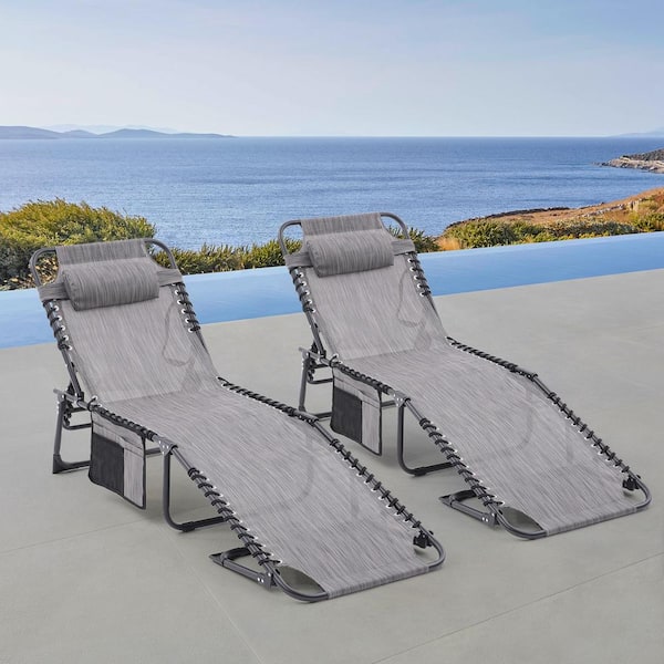 Tenleaf 2-Piece Black Metal Outdoor Adjustable and Reclining Tanning Chaise Lounge with Gray Ash Seat, Pillow and Side Pocket