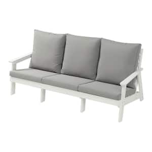White HIPS Wood Grain Outdoor Garden Sofa, 3-Seater Sectional Set with Gray Cushions