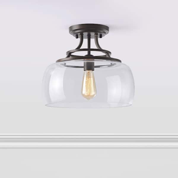 Lynn 13.2 in. 1-Light Bronze Semi Flush Mount with Clear Glass Shade