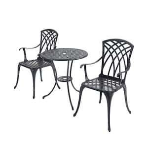 3-Piece Black Cast Aluminum Outdoor Bistro Set with Round Table and Umbrella Hole for Patio, Balcony & Backyard