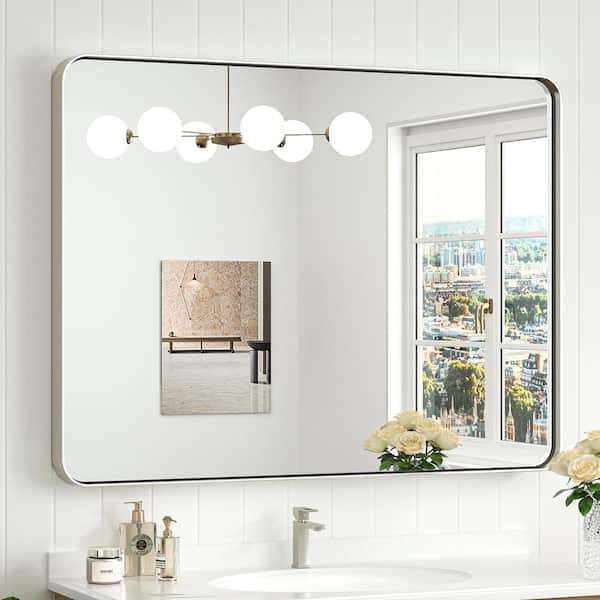 KeonJinn 40 in. W. x 30 in. H Modern Rectangular Silver Gray Aluminum Framed Wall Bathroom Vanity Mirror