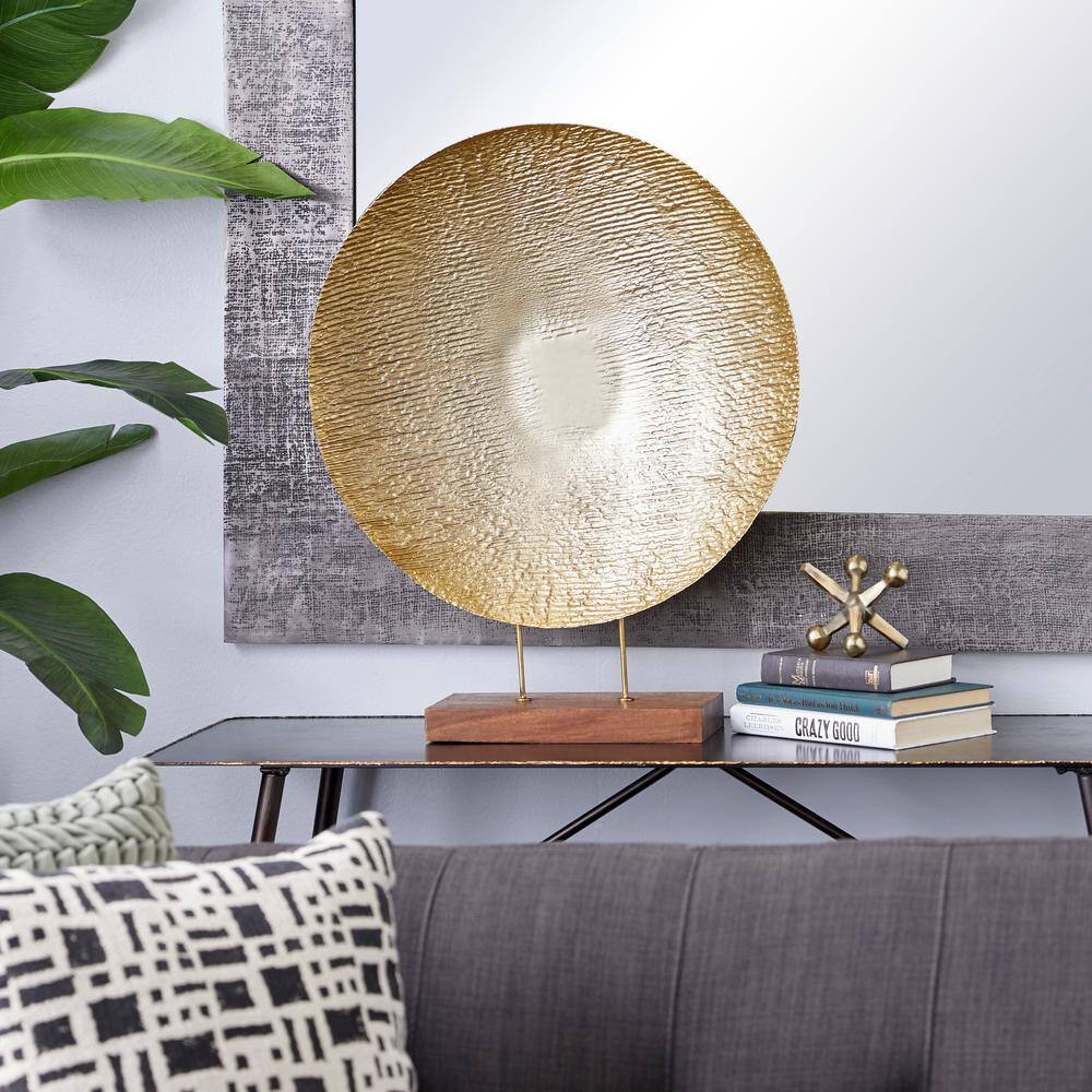 Gold Metal Geometric Plate Sculpture with Wood Stand