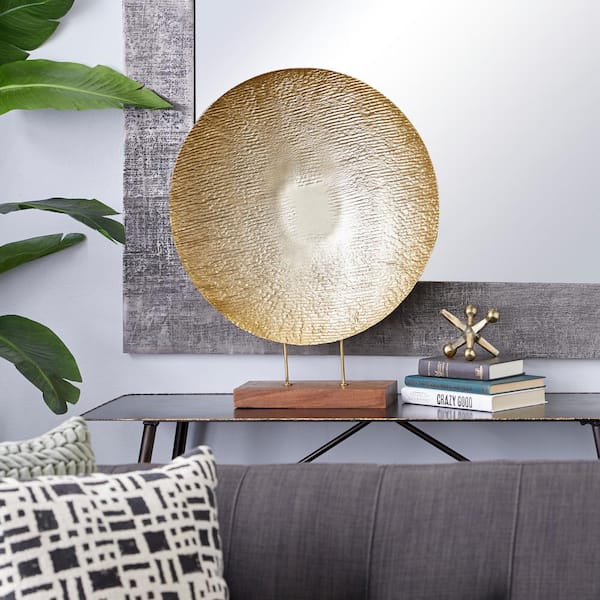 Litton Lane 6 in. x 27 in. Gold Metal Plate Geometric Sculpture with Wood Stand