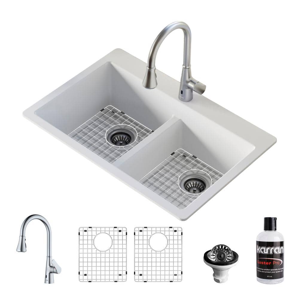 Karran QT- 810 qt. 33 in. 50/50 Double Bowl Drop-In Kitchen Sink in White with Faucet in Stainless Steel -  QT810WHKKF340SS