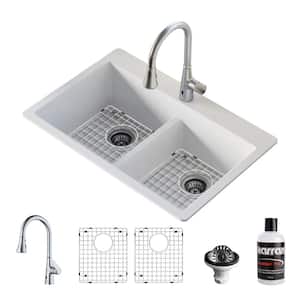QT- 810 qt. 33 in. 50/50 Double Bowl Drop-In Kitchen Sink in White with Faucet in Stainless Steel