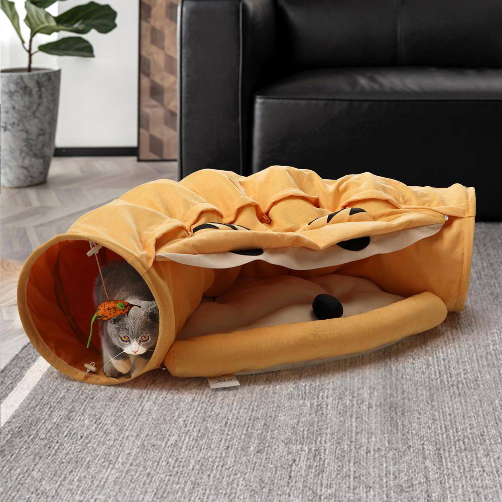 Medium Yellow Plush Polyester Cat Tunnel Bed