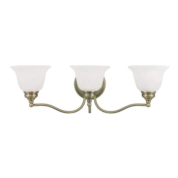 Livex Lighting Woodside 24 in. 3-Light Wall Antique Brass Vanity Light Light with Alabaster Glass
