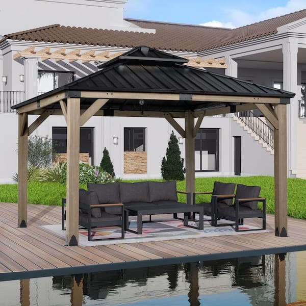 Aoodor 12 ft. x 12 ft. Light Gray Cedar Wood Frame Gazebo with 2-Tier Galvanized Metal Roof