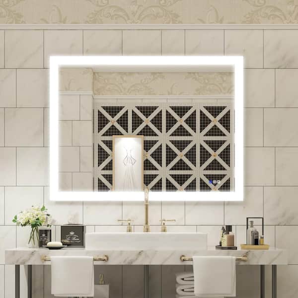 ANGELES HOME 48 in. W x 36 in. H Large Rectangular Metal Framed Anti-Fog Dimmable Wall Bathroom Vanity Mirror in Silver
