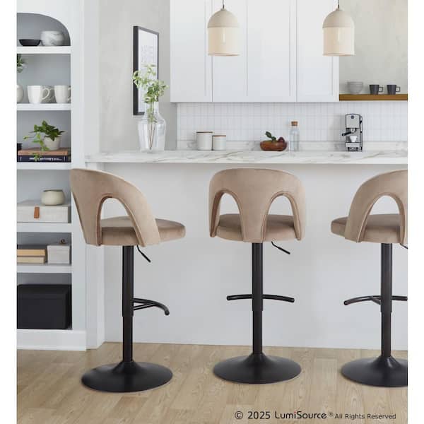 Ava Upholstered 45.5 in. Black Metal and Taupe Velvet Adjustable Barstool with Rounded T Footrest (Set of 2)