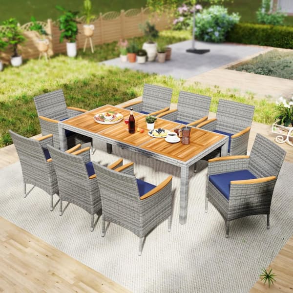 Kadehome 9-Piece Wicker Rectangle Outdoor Dining Set with Navy Cushions and Umbrella Hole