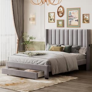 Gray Wood Frame Velvet Upholstered Queen Size Platform Bed with a Big Drawer and 2-Small Pockets