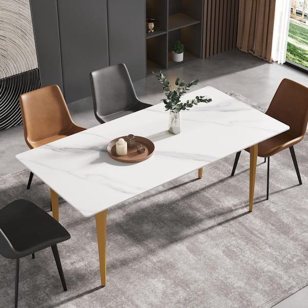 Magic Home 70.87 in. Rectangle White Luxury Sintered Stone Top Gold Metal 4 Legs Dining Table (Seats 6)