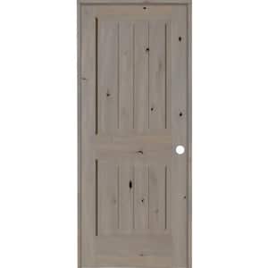 32 in. x 80 in. Knotty Alder 2 Panel Left-Hand Square Top V-Groove Grey Stain Solid Wood Single Prehung Interior Door