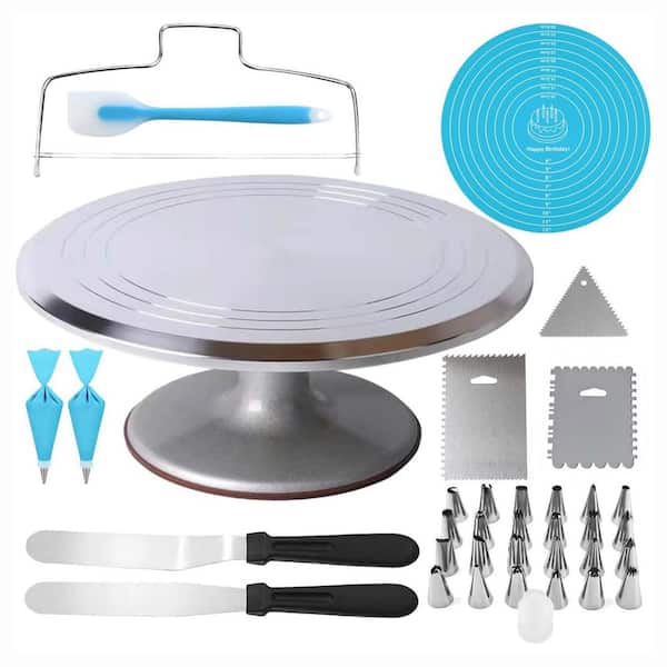 Aluminum Alloy Revolving Cake Decorating Stand Silver Finish Rotating Cake Turntable with Non-Skid Base 35-Pieces