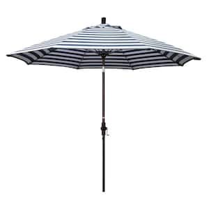 9 ft. Fiberglass Market Collar Tilt Bronze Patio Umbrella in Navy White Cabana Stripe Olefin