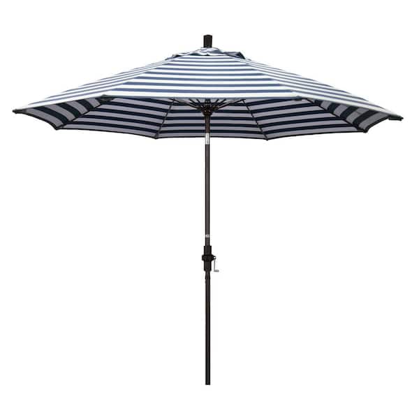 California Umbrella 9 ft. Fiberglass Market Collar Tilt Bronze Patio Umbrella in Navy White Cabana Stripe Olefin