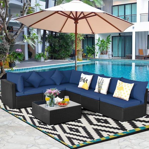 7-Piece Wicker Patio Conversation Set PE Rattan Sectional Sofa Furniture Set with Navy Cushions