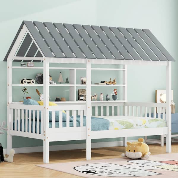 Qualler White Twin Size House-Shaped Platform Bed with Roof and Shelves