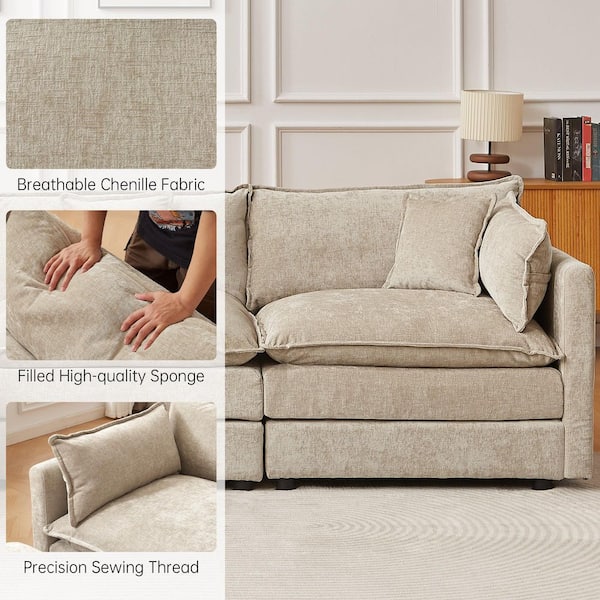 GOJANE 112.2 in. Square Arm U-Shaped Chenille Deluxe Pillow-Styled Modular Sectional Sofa in. Coffee with 2 Ottoman 2187Coffee-3+2