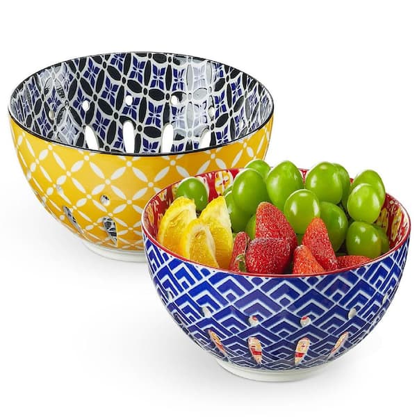 2 Piece 8 in. Blue and Yellow Ceramic Berry Bowls, Fruit Basket for Kitchen Counter